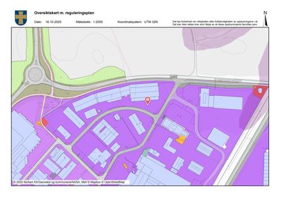 Oversiktskart over et område med regulering, som viser eksisterende og planlagte bygninger, veier (inkludert rundkjøring) og arealbruk.