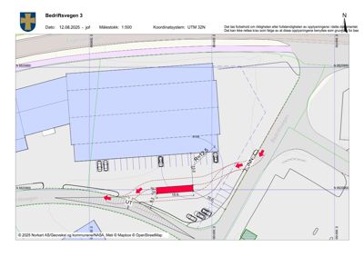 Situasjonsplan som viser tomt, veier, parkeringsplasser og anleggsforhold for en bygning ved Bedriftsvegen 3.