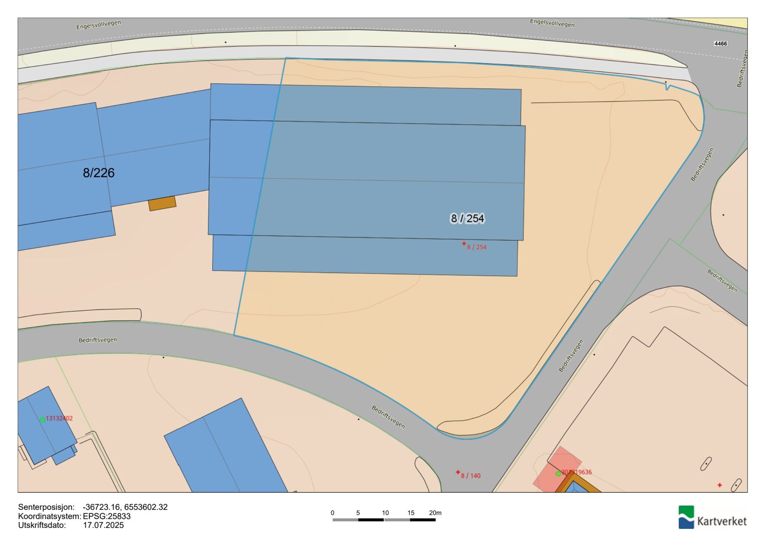 Situasjonsplan som viser tomtens beliggenhet i forhold til veier og nabolag, med arealnummer (f.eks. 8/254) og utskriftsinfo.