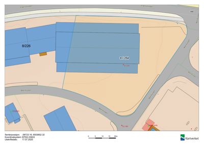 Situasjonsplan som viser tomtens beliggenhet i forhold til veier og nabolag, med arealnummer (f.eks. 8/254) og utskriftsinfo.