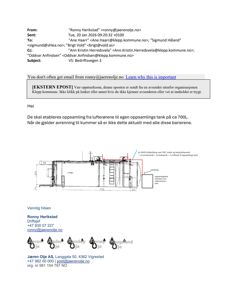 En teknisk tegning som viser en oppsamlingstank med dimensjoner og tilhørende utstyr.