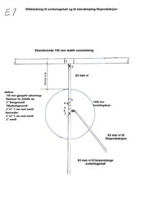 Tegning som viser detaljert utforming av en vannledning (63 mm) med tilhørende ventiler, måler og T-rør for stikkledning til sorteringshall og flisproduksjon.