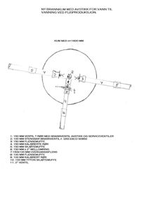 En teknisk detaljtegning som viser en planlegging for en ny brannkum med avstikk for vann til vanning ved flisproduksjon. Tegningen inkluderer dimensjoner (f.eks. kumdiameter), komponenter (ventiler, flensmuffe) og en nøkkel med beskrivelser av hver del.