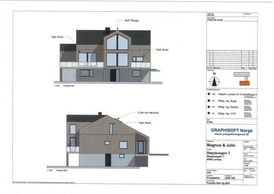 Fasadetegning som viser front- og sideoppsettet av en bolig med merking av nye vinduer og materialer.