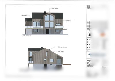 Fasadetegning som viser front- og sideoppsettet av en bolig med merking av nye vinduer og materialer.