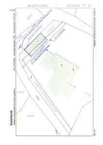 Situasjonsplan (kartutsnitt) som viser tomt, bygninger, garasje og grenser med håndskrevne notater om tiltak.