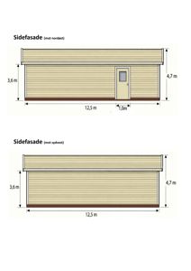 Tegninger som viser sidefasader (mot nordøst og sydvest) med mål på bygningens høyde, bredde og døråpning.