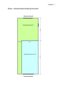 Situasjonsplan som viser eksisterende og utvidet grunnareal med mål og retninger (bak/front).