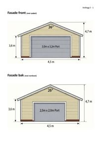 Fasadetegning for en garasje eller liten bygning, som viser front- og bakside med mål på port og vegger.