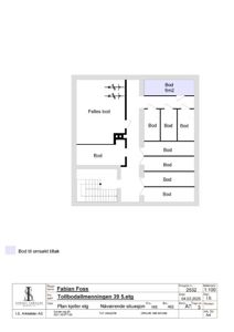 Plantegning av kjelleretasje (5. etg) med romfordeling, dører og trapp.