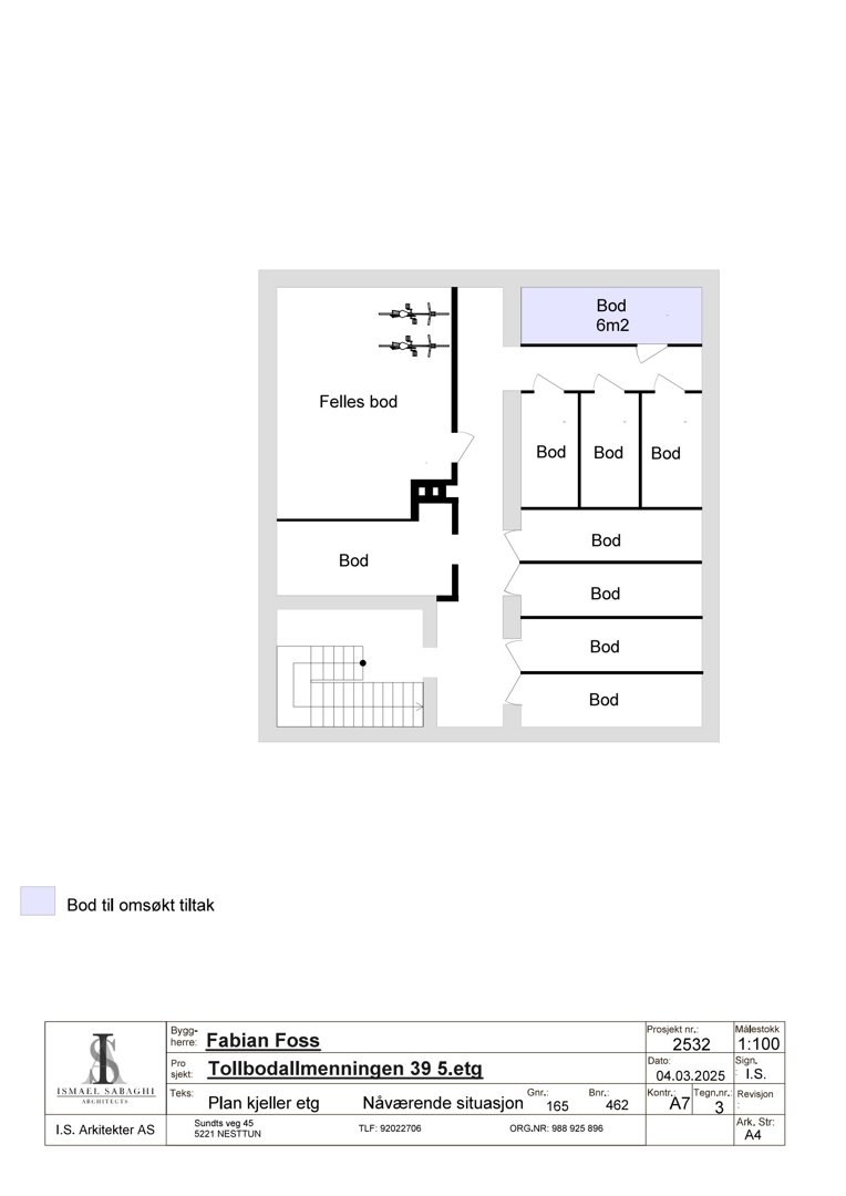 Plantegning av kjelleretasje (5. etg) med romfordeling, dører og trapp.