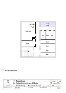 Plantegning av kjelleretasje (5. etg) med romfordeling, dører og trapp.