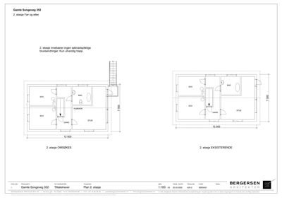 Plantegning av 2. etasje som viser romfordeling for både eksisterende og omsøkt tilstand.