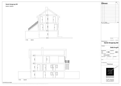Bildet viser to snittegninger (Snitt A og Snitt B) av en bygning på Gamle Songeveg 352. Tegningene illustrerer bygningens tverrsnitt, inkludert høyder, romfordeling og trappeløsninger.