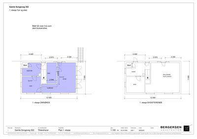 Etasjeplaner (1. etasje) som viser romfordeling, mål og bruksendringer for Gamle Songeveg 352.