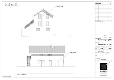 Fasadetegning som viser bygningens utseende fra nord og vest, inkludert vinduer, dører, tak og trapp.