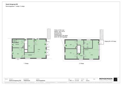 Plantegning (rammingsplaner) som viser romfordeling for 1. og 2. etasje i Gamle Songeveg 352.