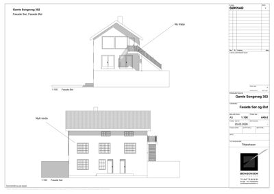 Fasadetegning som viser bygningens utseende fra sør og øst, inkludert nye vinduer og trapp.