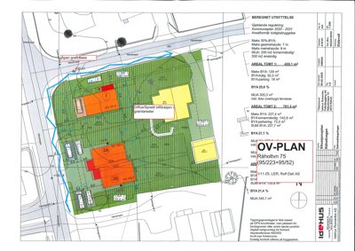 Situasjonsplan som viser tomtens beliggenhet, bygningers plassering, arealer og reguleringer.