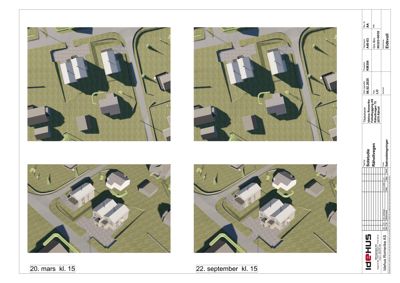 Bildet viser fire 3D-visualiseringer (renderinger) av et boligfelt sett fra luften. Det er to varianter av hver visualisering, som viser bygningene med og uten detaljer (farge og tekstur).