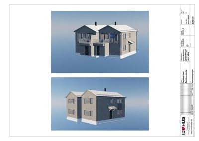 3D-visualisering (rendering) av et hus sett fra to ulike vinkler.