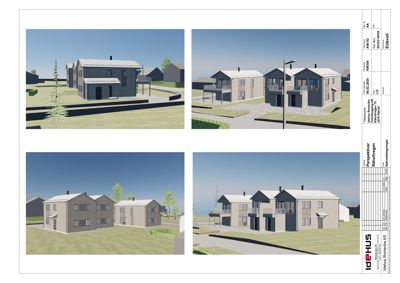 Bildet viser fire 3D-visualiseringer (renderinger) av ulike fasadeutgaver for en rekkehusløsning. Det er en illustrasjon av hvordan bygningene kan se ut.