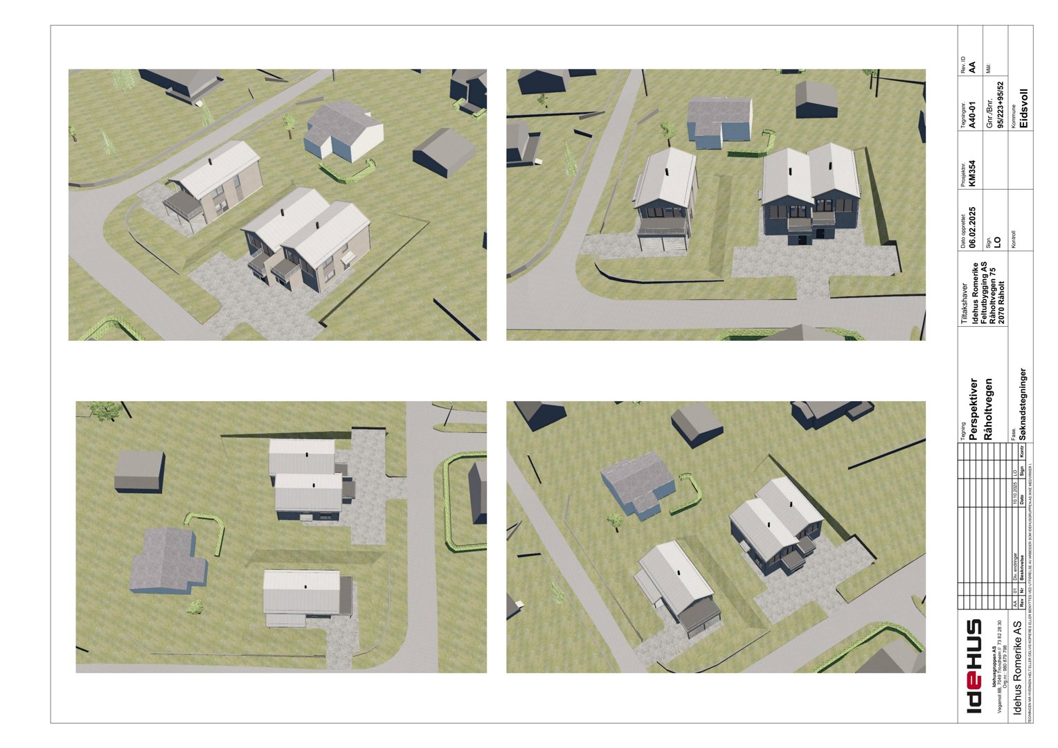 Bildet viser fire ulike vinkler på en 3D-visualisering av en planlagt boligbebyggelse. Det er en illustrasjon som viser hvordan bygningene vil se ut i forhold til hverandre og terrenget.