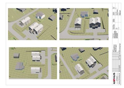 Bildet viser fire ulike vinkler på en 3D-visualisering av en planlagt boligbebyggelse. Det er en illustrasjon som viser hvordan bygningene vil se ut i forhold til hverandre og terrenget.