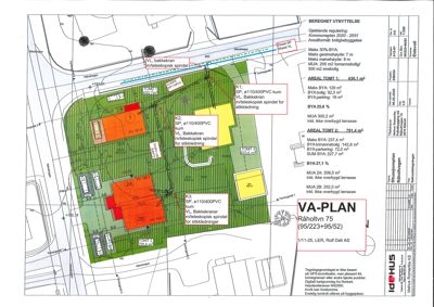 Situasjonsplan (VA-plan) som viser tomtens grenser, bygningers plassering, arealer og reguleringsforhold.