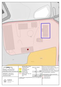 Gårdsplan med markslag, arealtall og eiendomsgrenser
