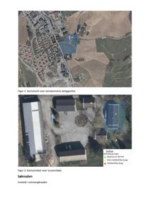 Bildet viser to kartutsnitt (Figur 1 og Figur 2) som illustrerer eiendommens beliggenhet og tunområdet. Det er også inkludert tekst med overskrift 'Søknaden' og innholdsfortegnelse.