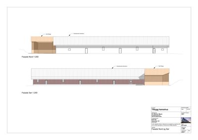 Tegning som viser fasadeoppsettet for en hønsehusbygning sett fra nord og sør.