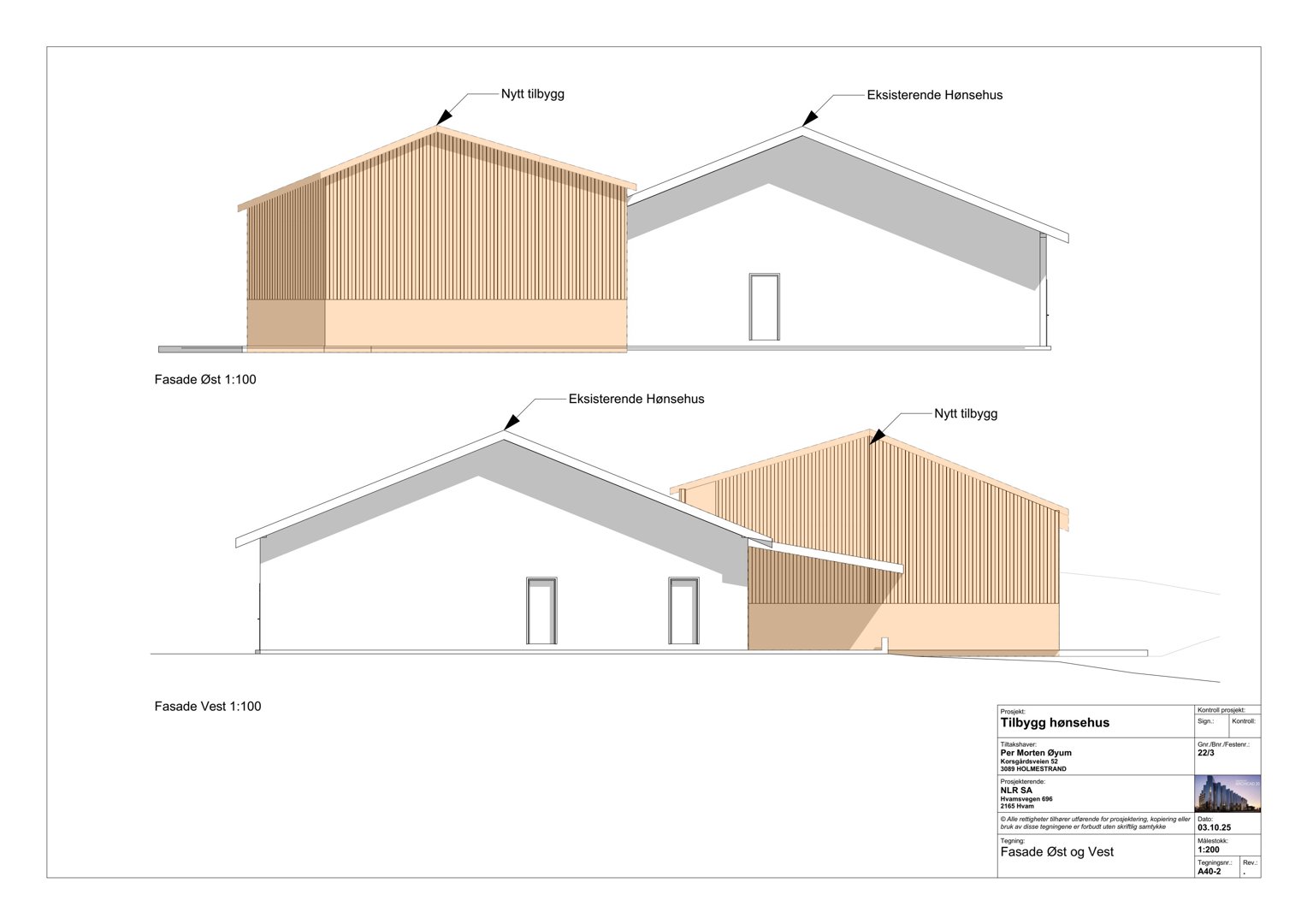 Fasadetegning som viser oppriss av eksisterende hønsehus og nytt tilbygg sett fra øst og vest.