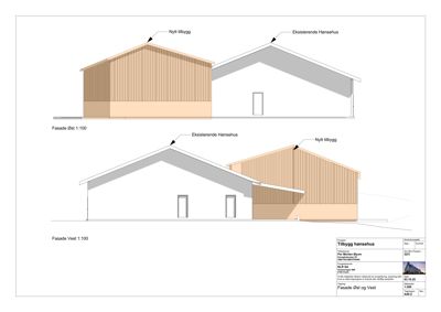 Fasadetegning som viser oppriss av eksisterende hønsehus og nytt tilbygg sett fra øst og vest.