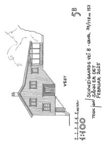 En håndtegnet fasadetegning (opprikk) av en bygning sett fra vest, med målstokk og adresseinfo.