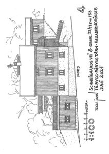 Fasadetegning (opprikk) av en bygning sett fra nord, med tegningstittel, adresse, dato og målestokk.
