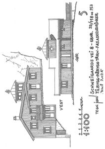 Fasadetegning som viser bygningens utseende fra vest og sør, inkludert vinduer, takform og trapp.