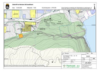 Situasjonsplan som viser tomtens beliggenhet, grenser, høydemålerlinjer, eksisterende bebyggelse og planlagte inngrep.