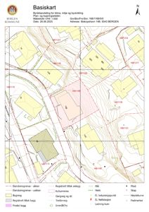 Basiskart (situasjonsplan) som viser eiendomsgrenser, bygninger, høydekurver og infrastruktur for eiendommen på Bispepshavn 14B.