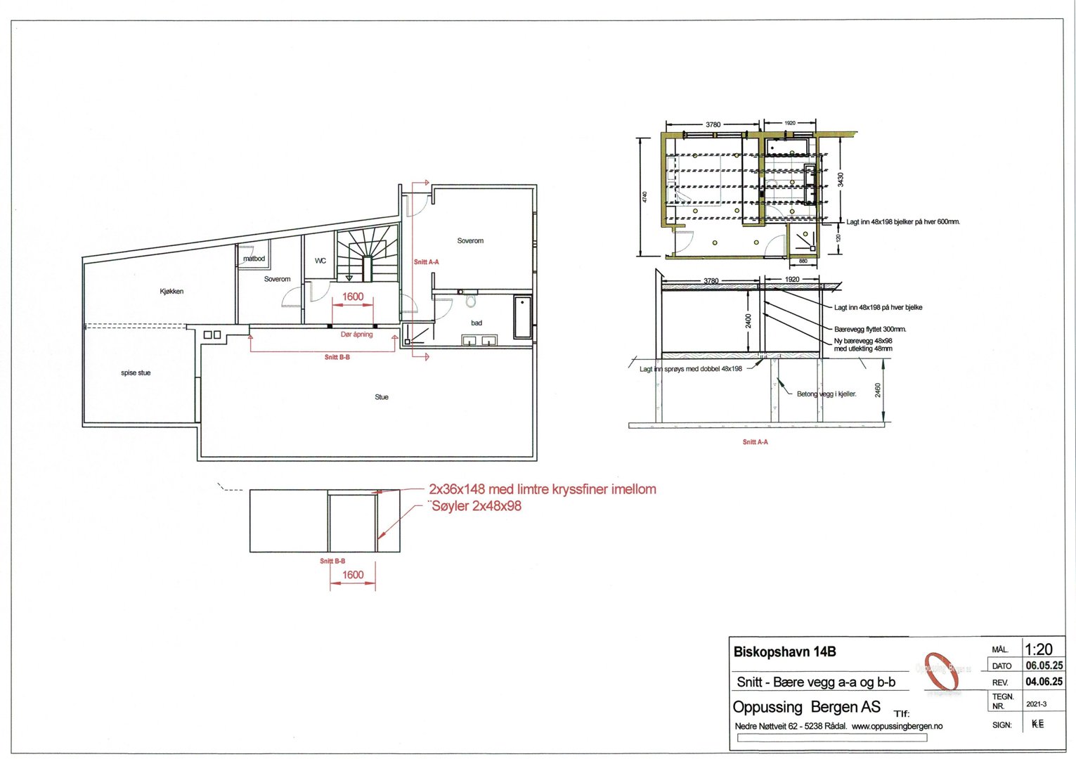 Snittegning som viser bærende veggkonstruksjon (a-a og b-b) med mål og detaljer.