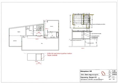 Snittegning som viser bærende veggkonstruksjon (a-a og b-b) med mål og detaljer.