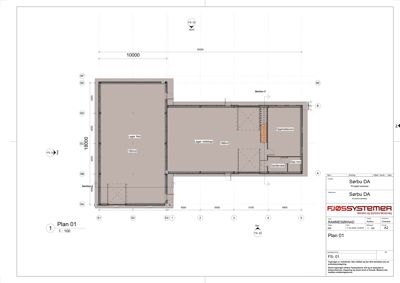 Etasjeplan (Plan 01) som viser romfordeling, dimensjoner og areal for et lageranlegg.