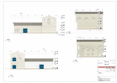 Fasadetegning som viser bygningens utseende fra fire sider (Nord, Sør, Øst, Vest) med mål og detaljer.