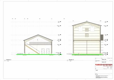 Snittegning (Section) som viser bygningens tverrsnitt med høydeangivelser og romfordeling.