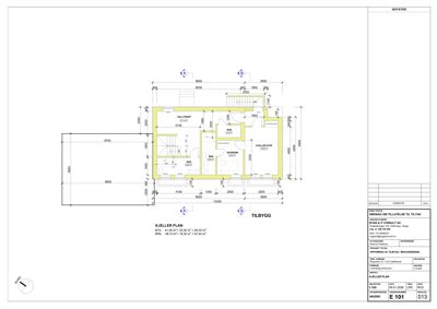 Etasjeplan for kjeller (kjellerplan) med romfordeling, mål og oppriss av tilbygg.