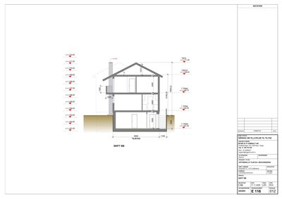 Snittegning (Snitt BB) som viser bygningens tverrsnitt med høydeangivelser, romfordeling og konstruksjonsdetaljer.