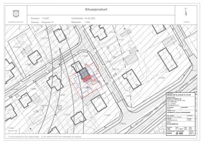 Situasjonskart som viser eiendomsnummer, adresse, nabolag, veier og bygningers plassering i forhold til hverandre.