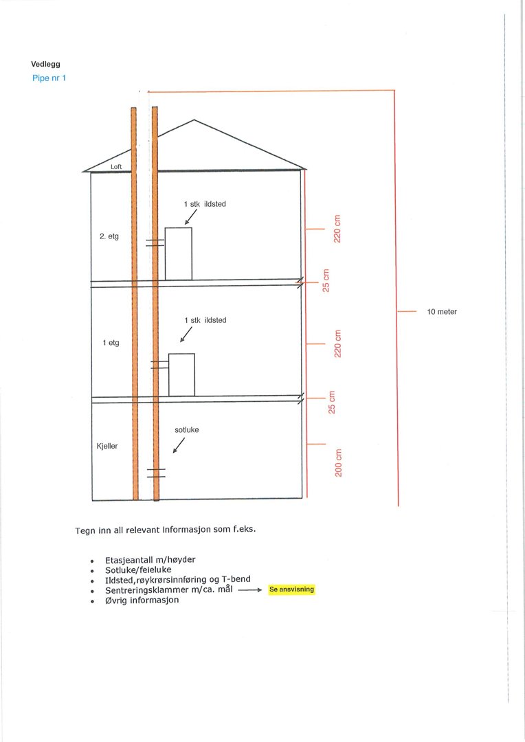 Snittegning som viser etasjehøyder, plassering av ildsteder og skorsteinskonstruksjon gjennom bygningen.