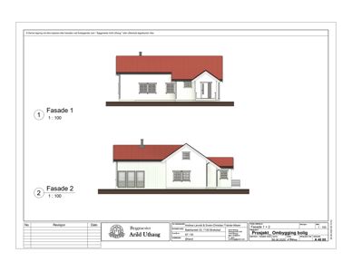 Fasadetegning som viser bygningens utsyn fra to ulike vinkler (Fasade 1 og Fasade 2) med mål 1:100.