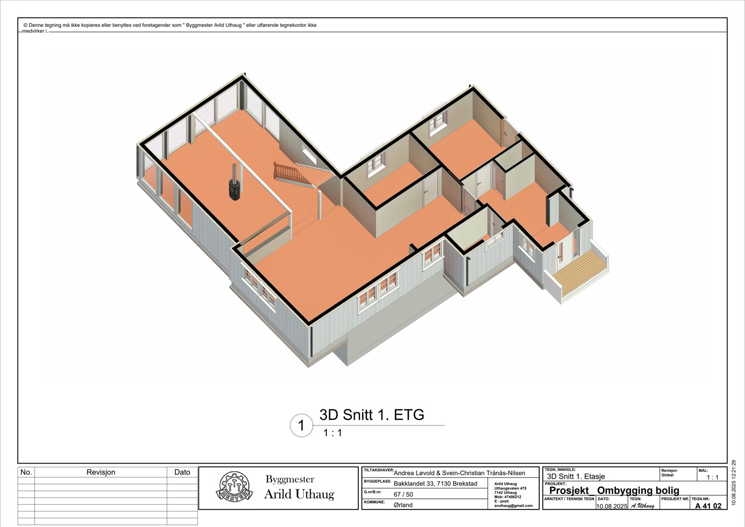 3D-visualisering (rendering) av et snitt gjennom 1. etasje i en bolig, som viser romfordeling, vinduer og trapp.